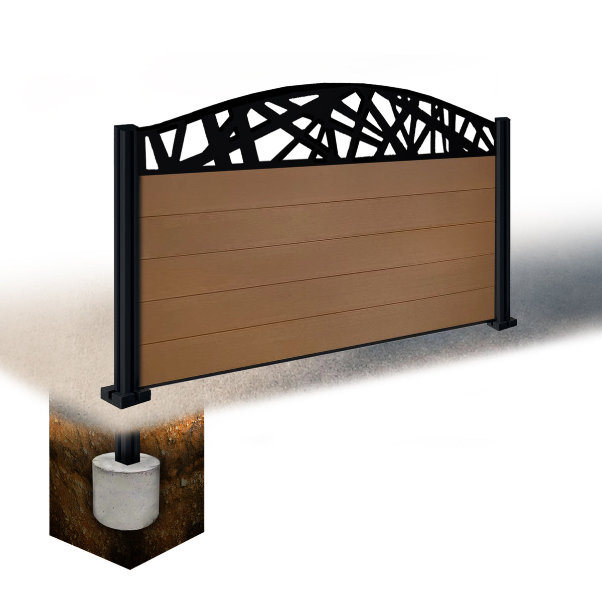 EasyComposite 3ft Composite Fence Panel & Aluminium Post Sunken in Ground - Golden Teak Boards & Laser Curved Topper Trellis