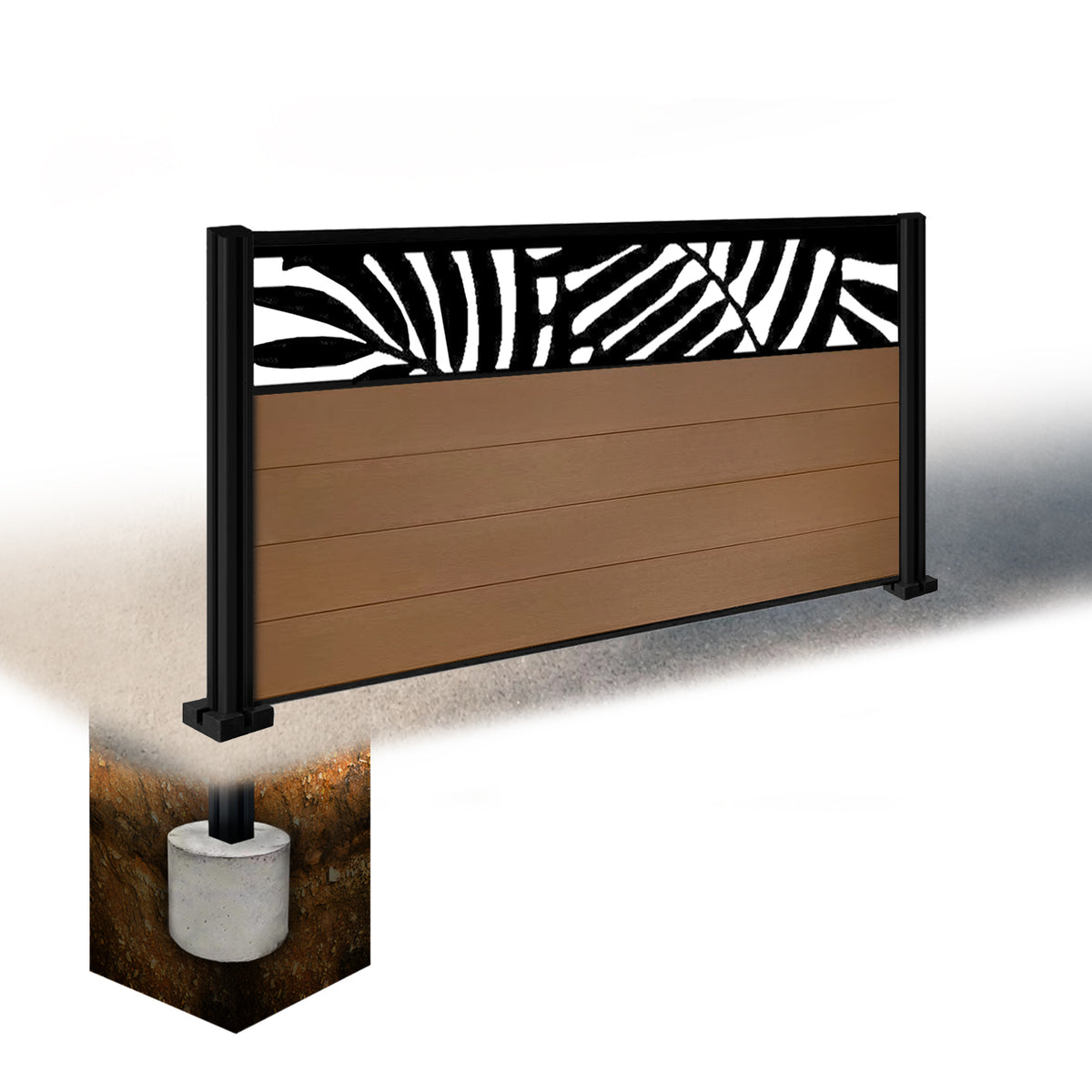 EasyComposite 5ft Composite Fence Panel & Aluminium Post Sunken in Ground - Golden Teak Boards & Leafy Topper Trellis