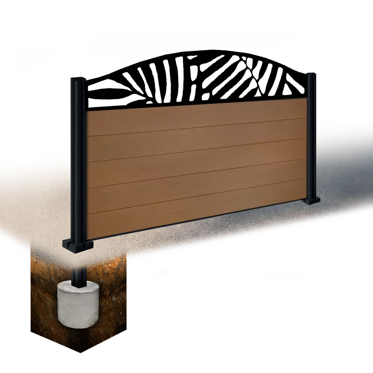 EasyComposite 3ft Composite Fence Panel & Aluminium Post Sunken in Ground - Golden Teak Boards & Leafy Curved Topper Trellis