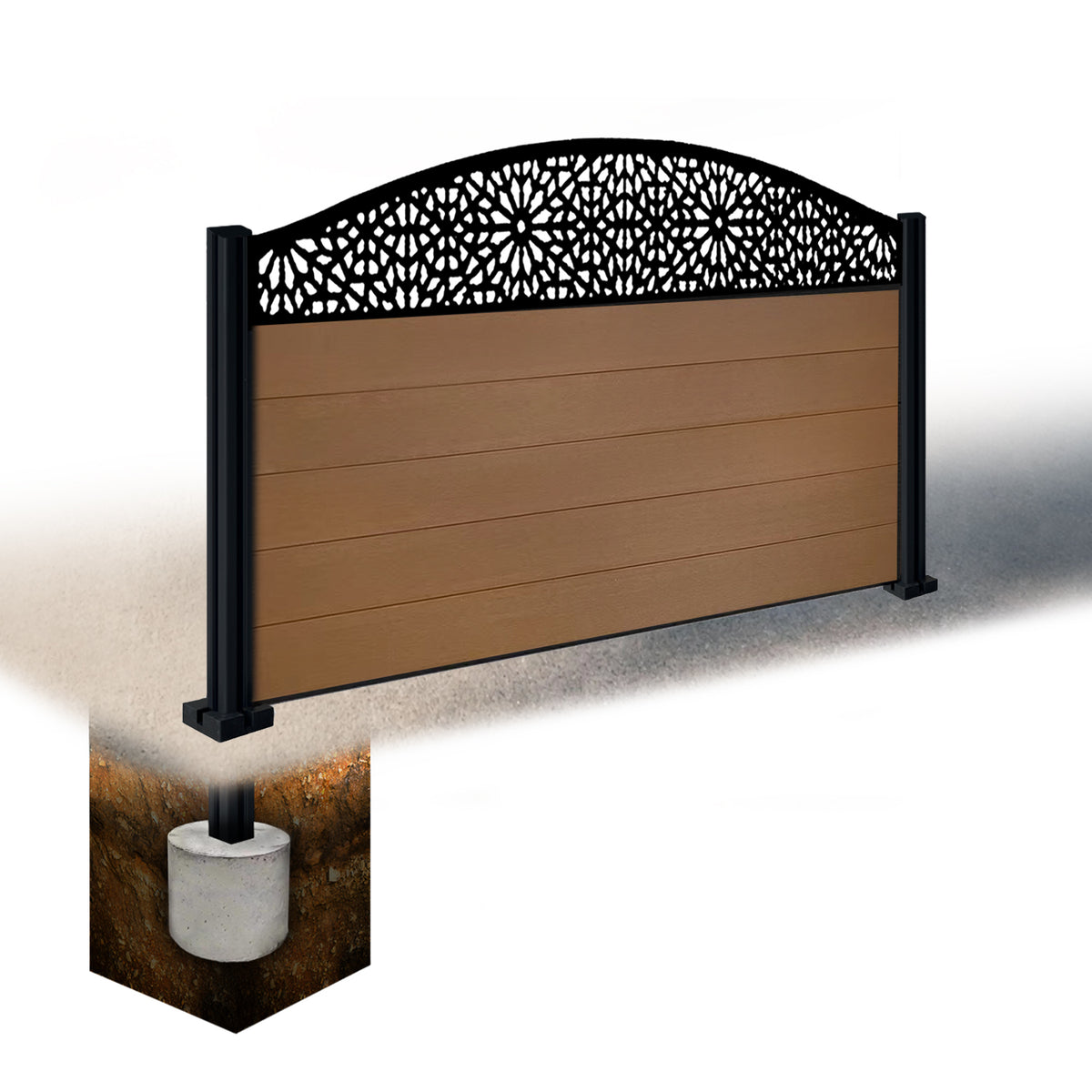 EasyComposite 3ft Composite Fence Panel & Aluminium Post Sunken in Ground - Golden Teak Boards & Morocco Curved Topper Trellis