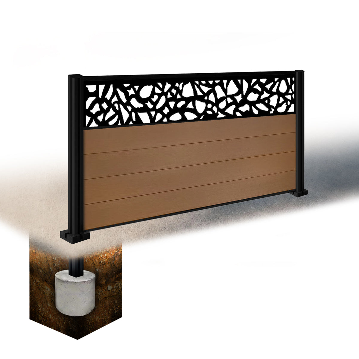 EasyComposite 3ft Composite Fence Panel & Aluminium Post Sunken in Ground - Golden Teak Boards & Pebble Topper Trellis