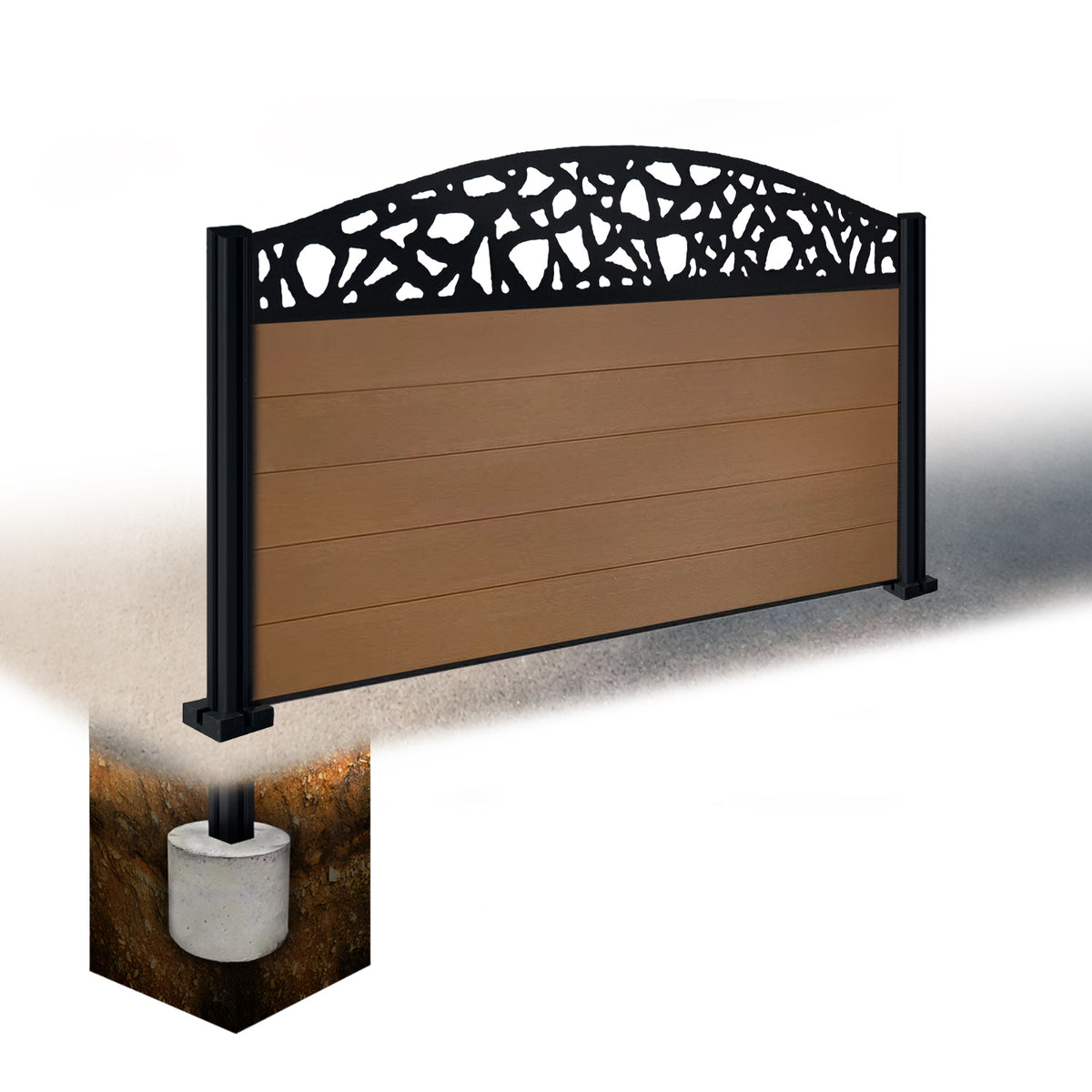 EasyComposite 3ft Composite Fence Panel & Aluminium Post Sunken in Ground - Golden Teak Boards & Pebble Curved Topper Trellis