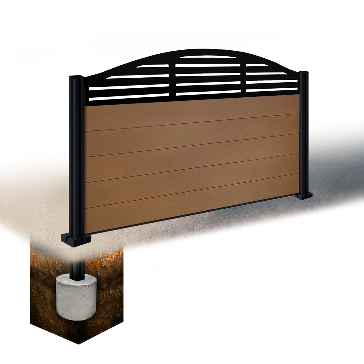 EasyComposite 3ft Composite Fence Panel & Aluminium Post Sunken in Ground - Golden Teak Boards & Slat Curved Topper Trellis