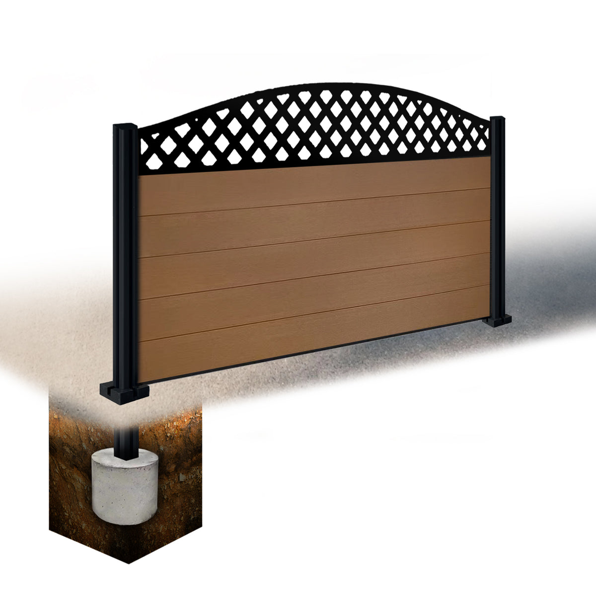 EasyComposite 3ft Composite Fence Panel & Aluminium Post Sunken in Ground - Golden Teak Boards & Wave curved Topper Trellis