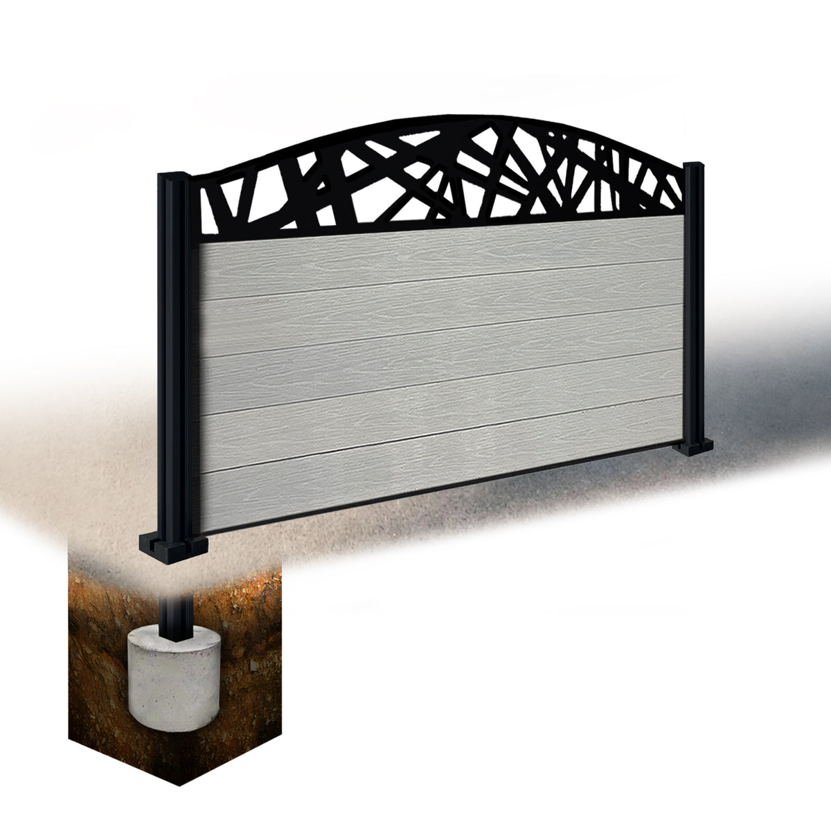 EasyComposite 3ft Composite Fence Panel & Aluminium Post Sunken in Ground - Light Grey Boards & Laser Curved Topper Trellis