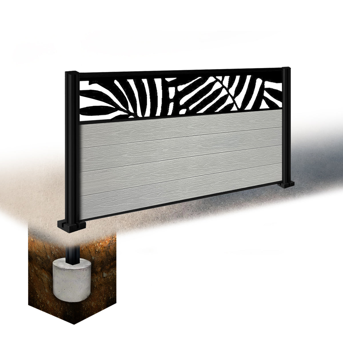 EasyComposite 5ft Composite Fence Panel & Aluminium Post Sunken in Ground - Light Grey Boards & Leafy Topper Trellis