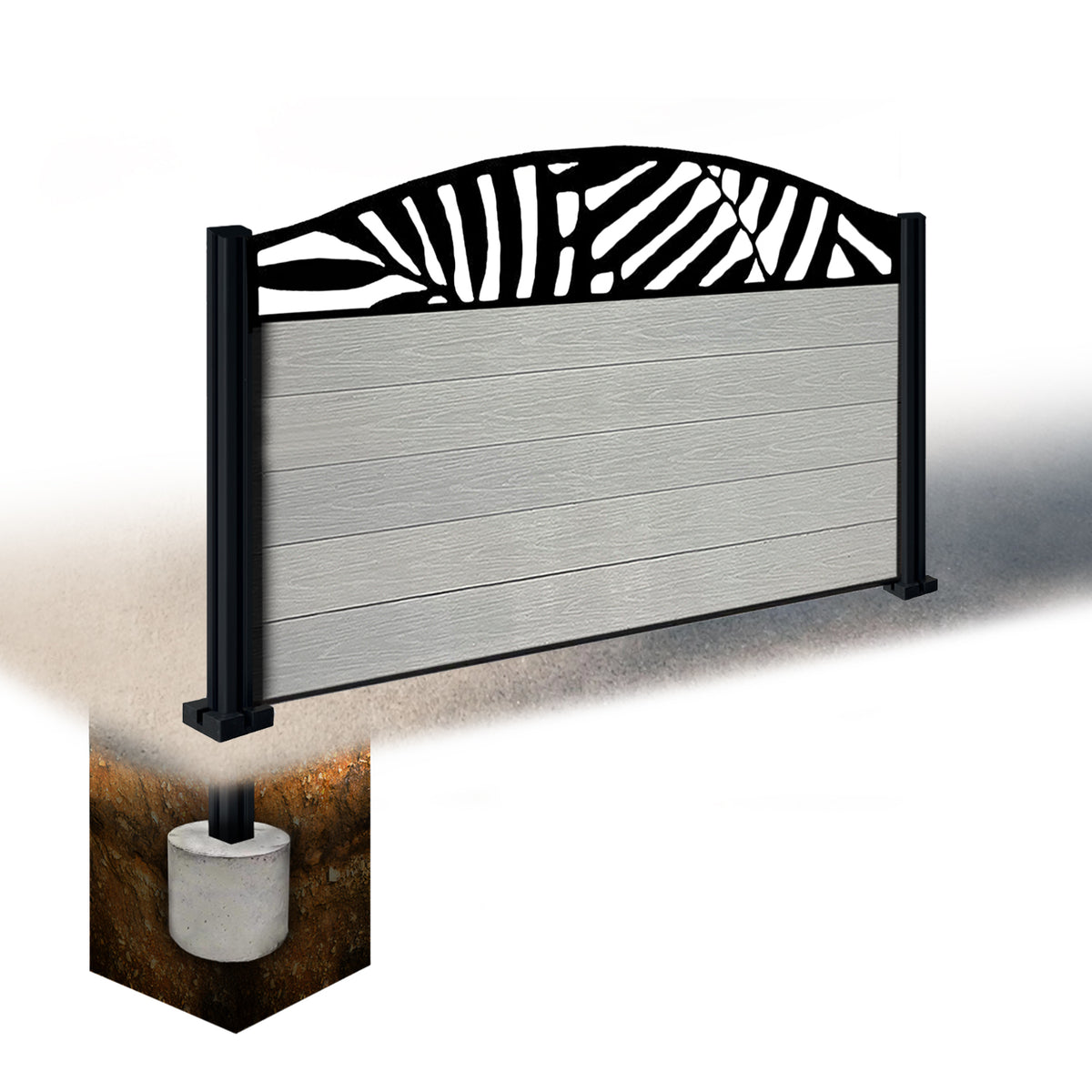 EasyComposite 3ft Composite Fence Panel & Aluminium Post Sunken in Ground - Light Grey Boards & Leafy Curved Topper Trellis