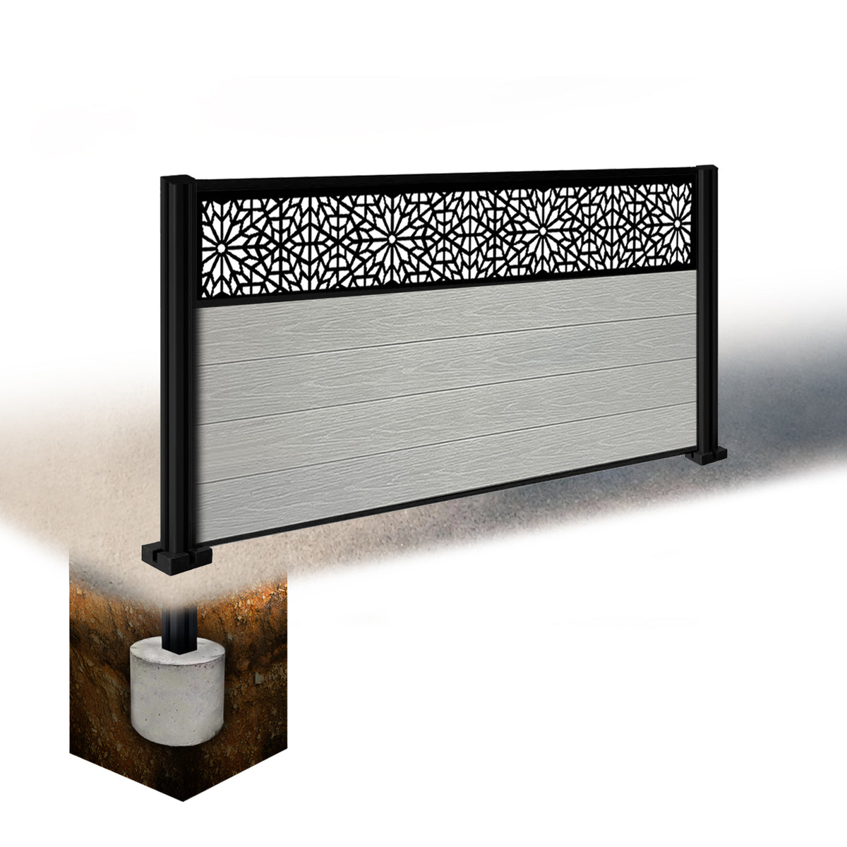 EasyComposite 4ft Composite Fence Panel & Aluminium Post Sunken in Ground - Light Grey Boards & Morocco Topper Trellis