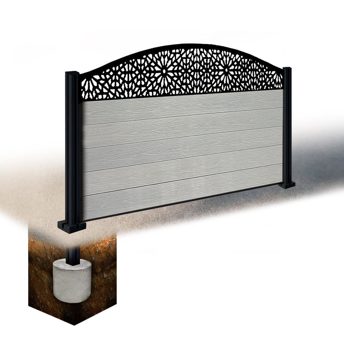 EasyComposite 3ft Composite Fence Panel & Aluminium Post Sunken in Ground - Light Grey Boards & Morocco Curved Topper Trellis