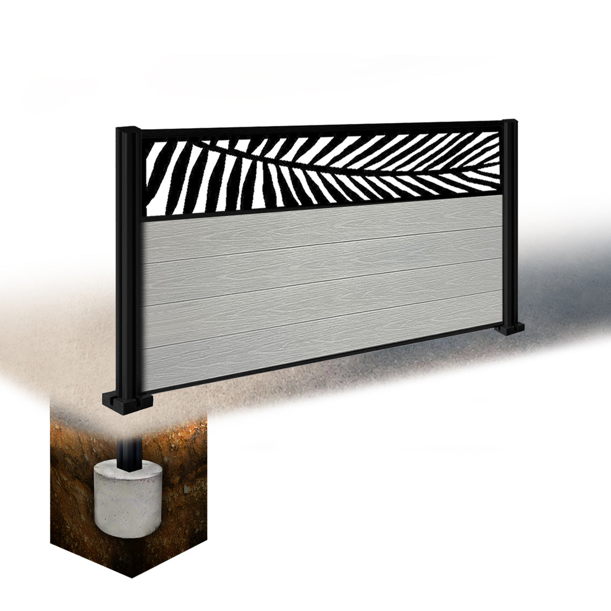 EasyComposite 3ft Composite Fence Panel & Aluminium Post Sunken in Ground - Light Grey Boards & Palm Topper Trellis
