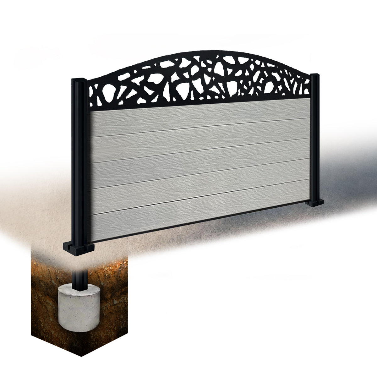 EasyComposite 3ft Composite Fence Panel & Aluminium Post Sunken in Ground - Light Grey Boards & Pebble Curved Topper Trellis