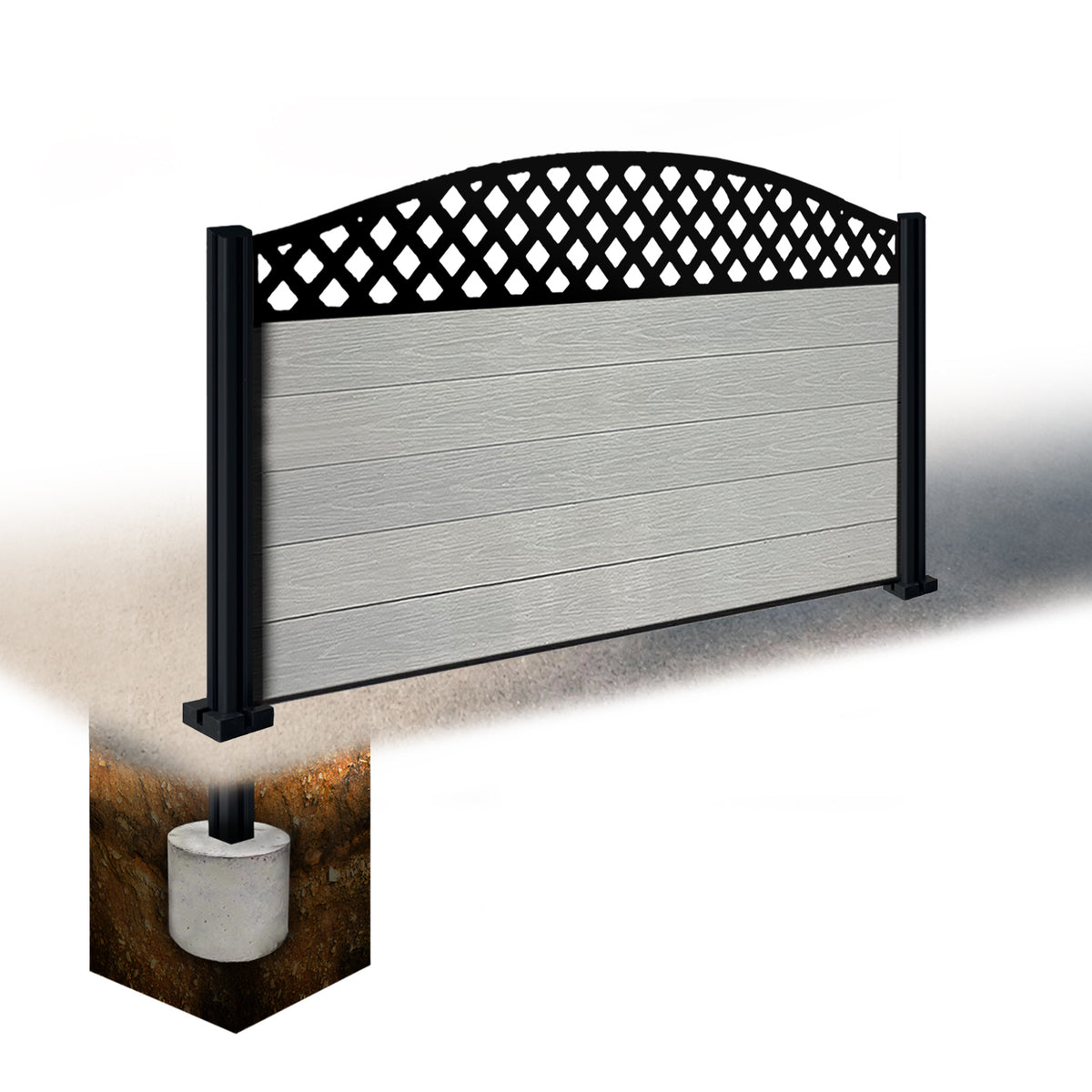 EasyComposite 3ft Composite Fence Panel & Aluminium Post Sunken in Ground - Light Grey Boards & Wave curved Topper Trellis