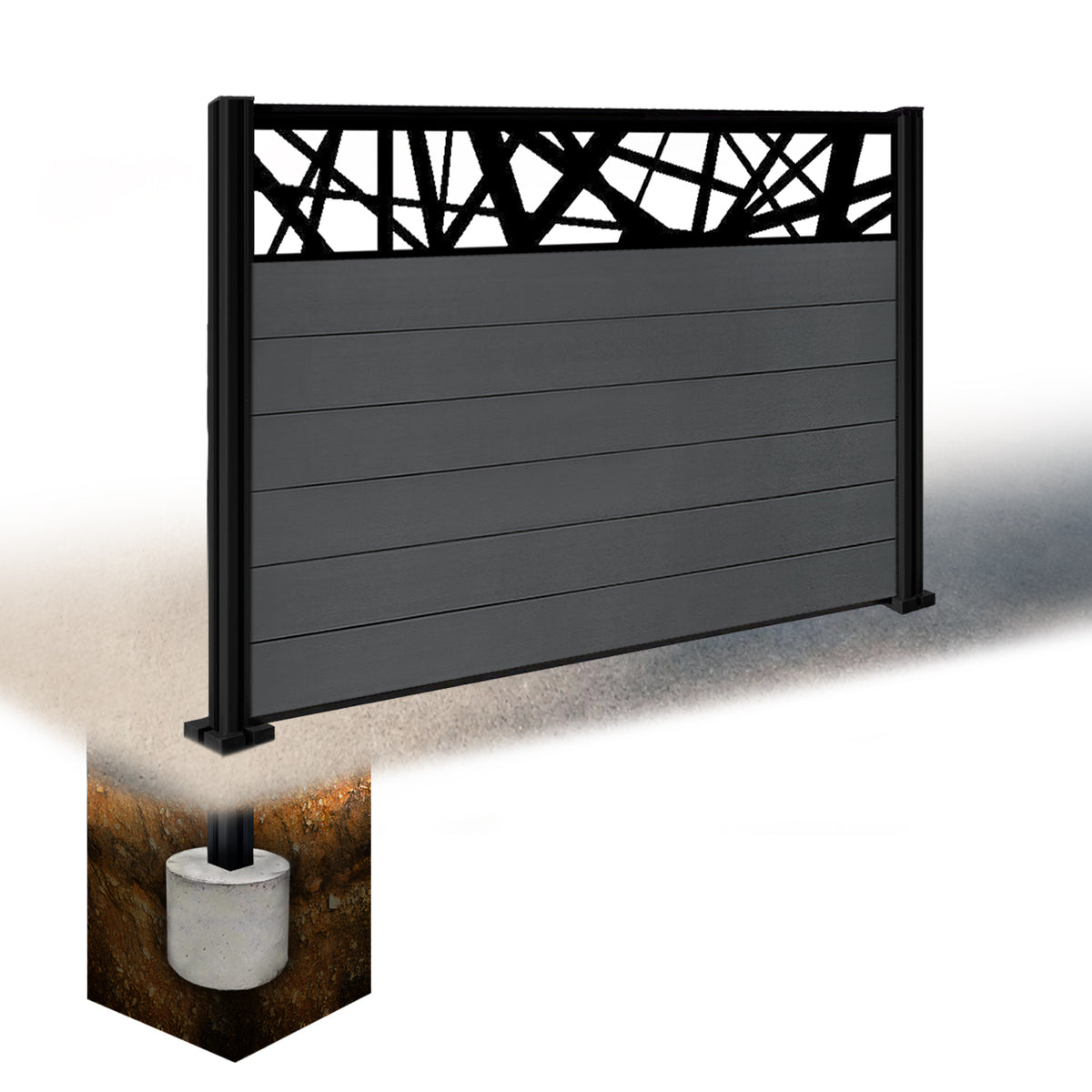 EasyComposite 4ft Composite Fence Panel & Aluminium Post Sunken in Ground - Dark Grey RAL7016 Boards & Laser Topper Trellis