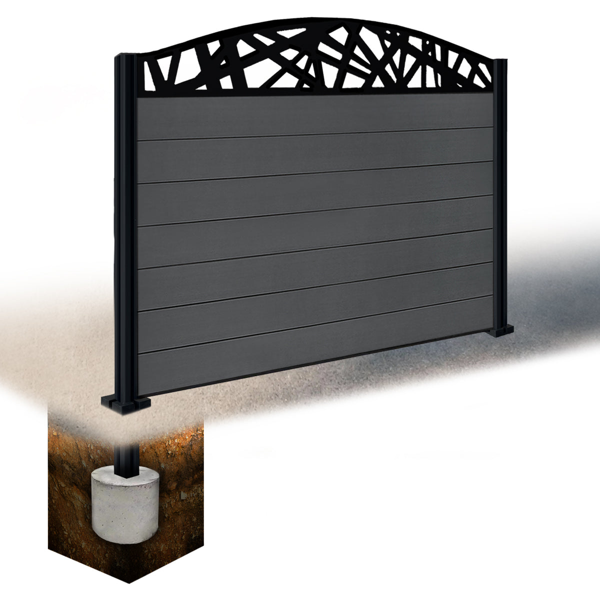 EasyComposite 4ft Composite Fence Panel & Aluminium Post Sunken in Ground - Dark Grey RAL7016 Boards & Laser Curved Topper Trellis
