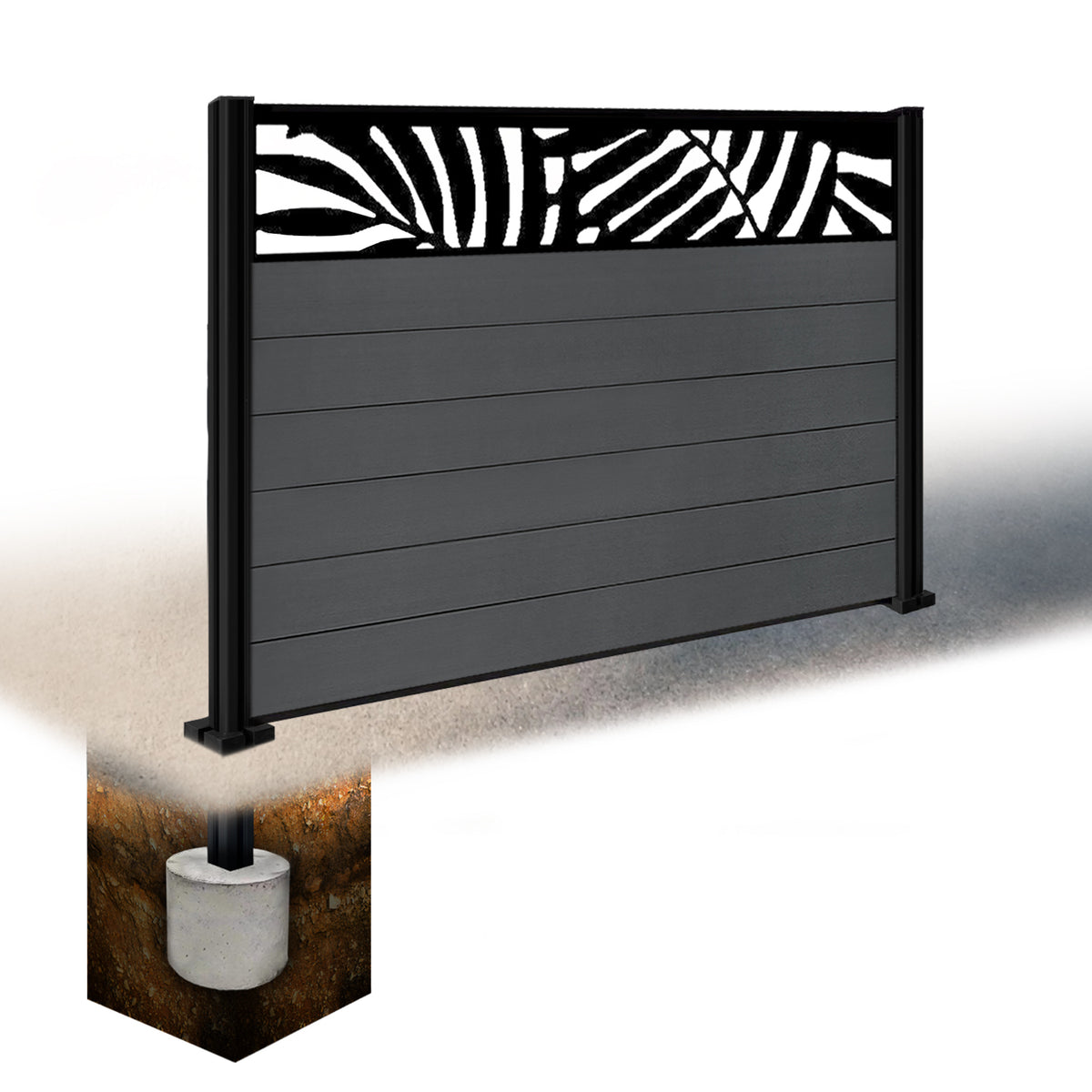 EasyComposite 6ft Composite Fence Panel & Aluminium Post Sunken in Ground - Dark Grey RAL7016 Boards & Leafy Topper Trellis