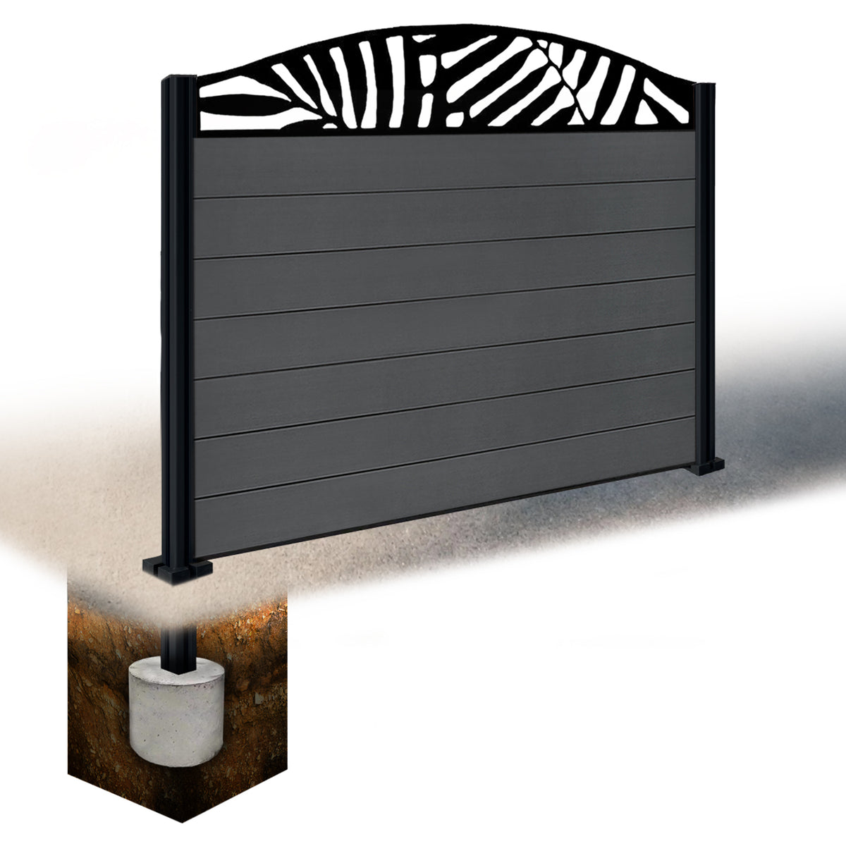 EasyComposite 4ft Composite Fence Panel & Aluminium Post Sunken in Ground - Dark Grey RAL7016 Boards & Leafy Curved Topper Trellis
