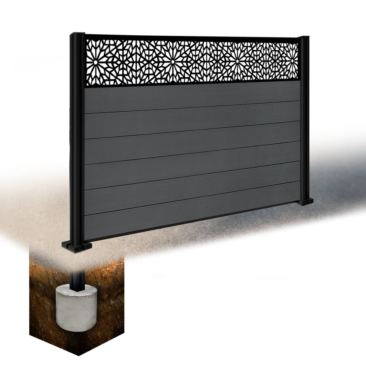 EasyComposite 5ft Composite Fence Panel & Aluminium Post Sunken in Ground - Dark Grey RAL7016 Boards & Morocco Topper Trellis
