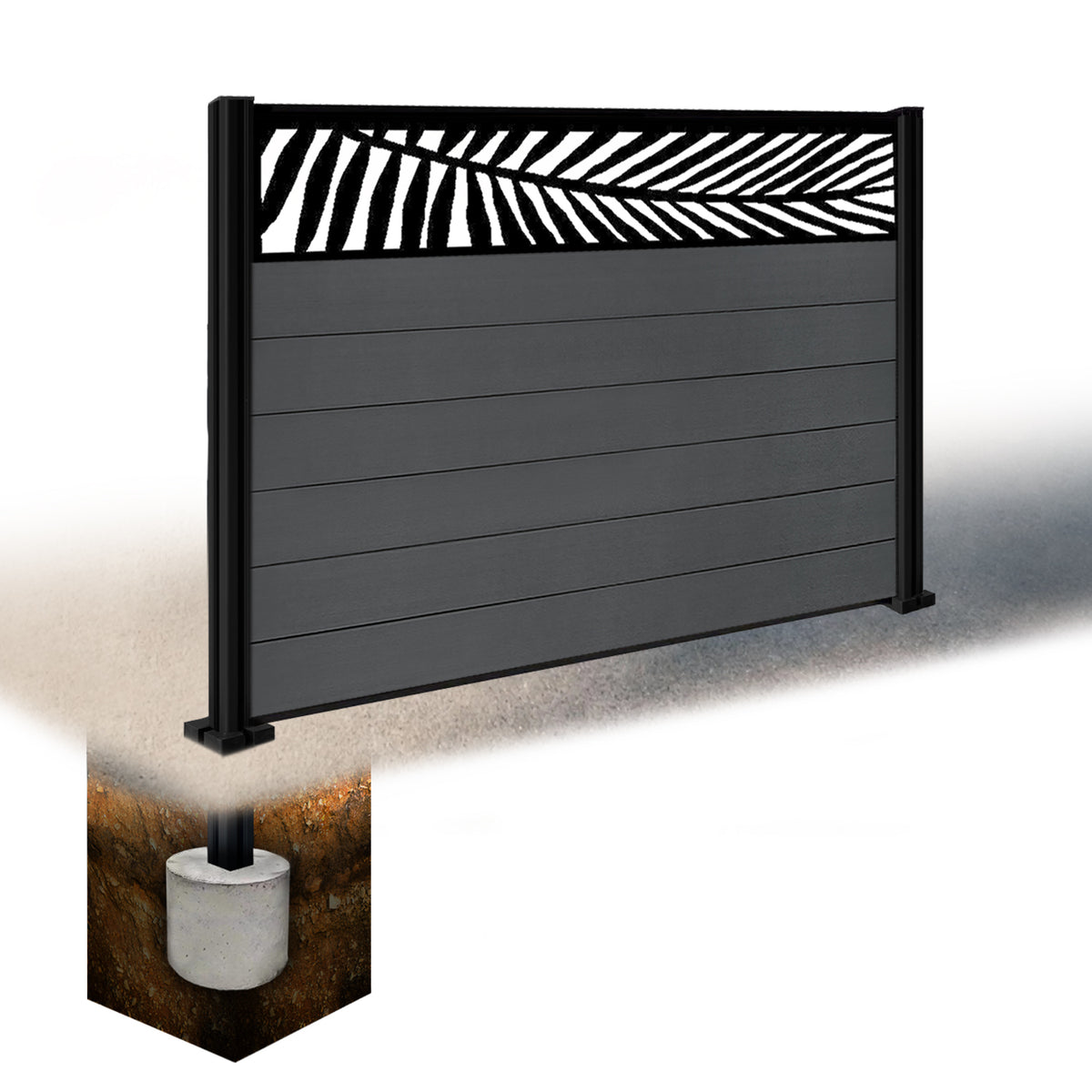 EasyComposite 4ft Composite Fence Panel & Aluminium Post Sunken in Ground - Dark Grey RAL7016 Boards & Palm Topper Trellis