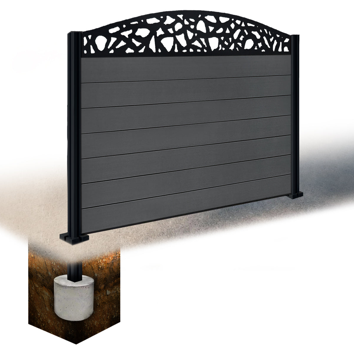 EasyComposite 4ft Composite Fence Panel & Aluminium Post Sunken in Ground - Dark Grey Boards & Pebble Curved Topper Trellis