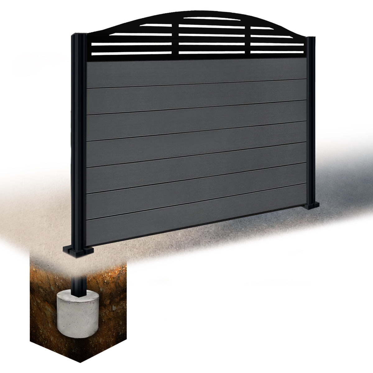 EasyComposite 4ft Composite Fence Panel & Aluminium Post Sunken in Ground - Dark Grey RAL7016 Boards & Slat Curved Topper Trellis