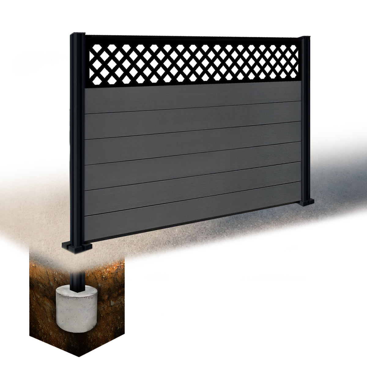 EasyComposite 4ft Composite Fence Panel & Aluminium Post Sunken in Ground - Dark Grey RAL7016 Boards & Wave Topper Trellis