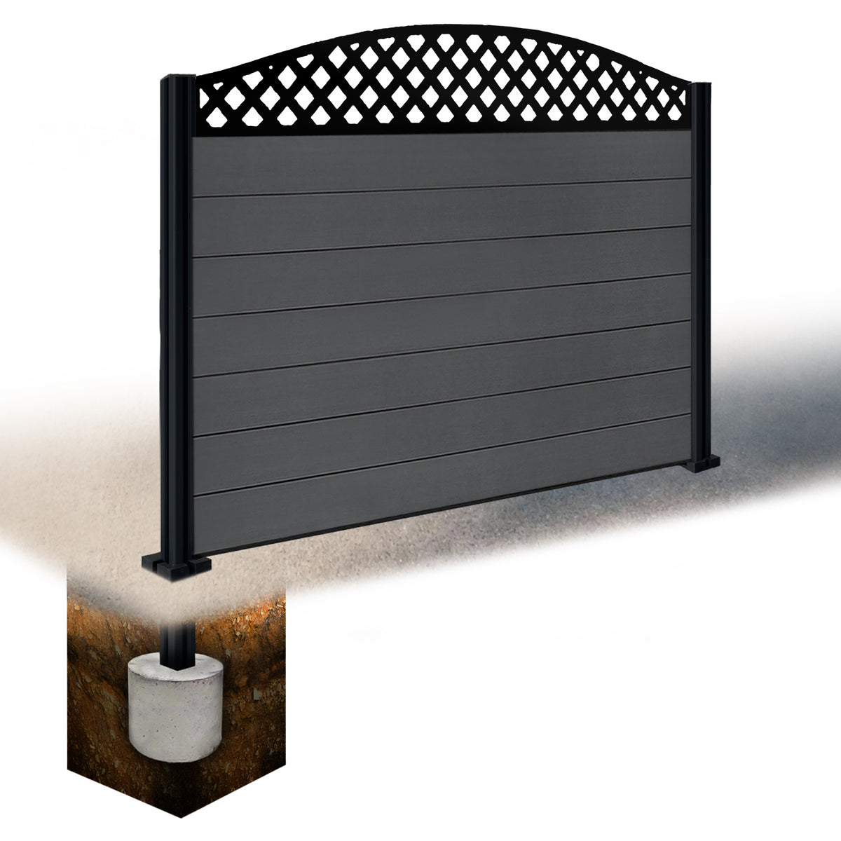 EasyComposite 4ft Composite Fence Panel & Aluminium Post Sunken in Ground - Dark Grey RAL7016 Boards & Wave curved Topper Trellis