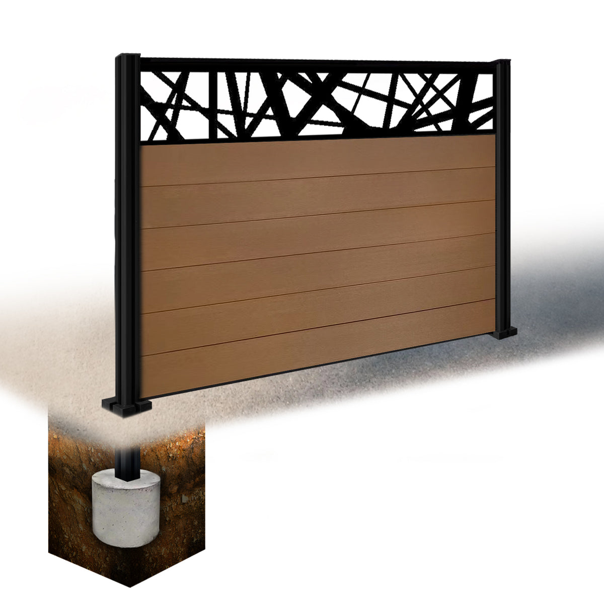 EasyComposite 4ft Composite Fence Panel & Aluminium Post Sunken in Ground - Golden Teak Boards & Laser Topper Trellis