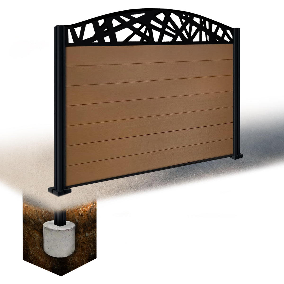 EasyComposite 4ft Composite Fence Panel & Aluminium Post Sunken in Ground - Golden Teak Boards & Laser Curved Topper Trellis
