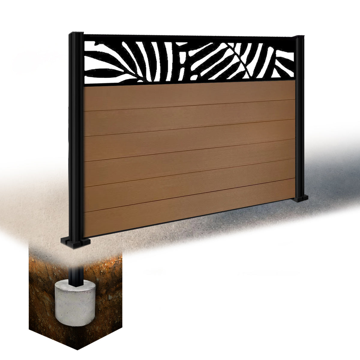 EasyComposite 6ft Composite Fence Panel & Aluminium Post Sunken in Ground - Golden Teak Boards & Leafy Topper Trellis