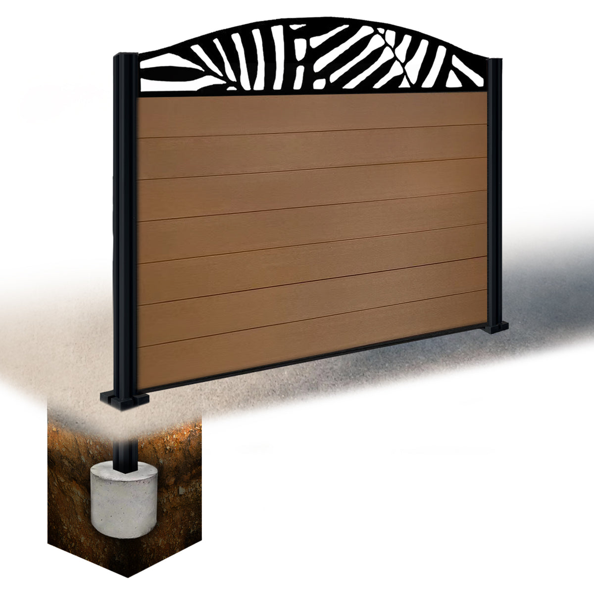 EasyComposite 4ft Composite Fence Panel & Aluminium Post Sunken in Ground - Golden Teak Boards & Leafy Curved Topper Trellis