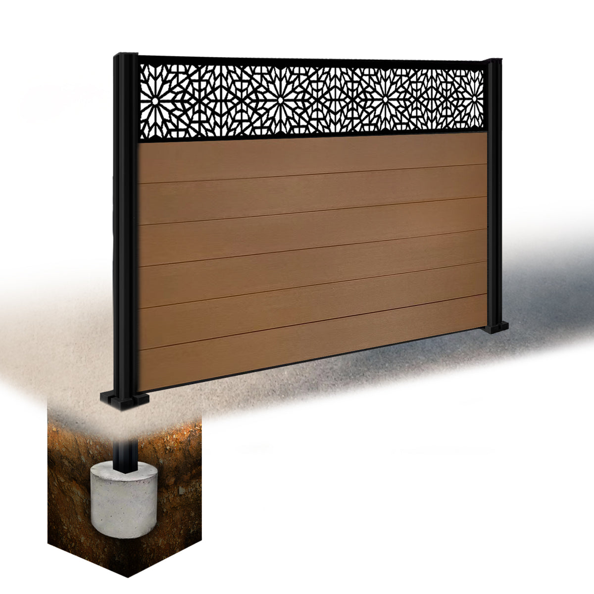 EasyComposite 5ft Composite Fence Panel & Aluminium Post Sunken in Ground - Golden Teak Boards & Morocco Topper Trellis