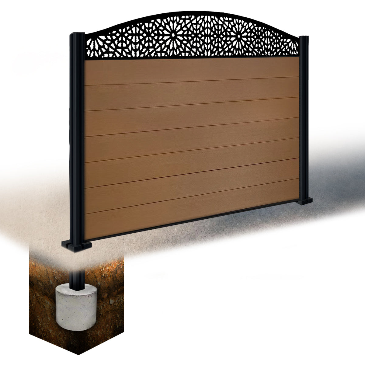 EasyComposite 4ft Composite Fence Panel & Aluminium Post Sunken in Ground - Golden Teak Boards & Morocco Curved Topper Trellis