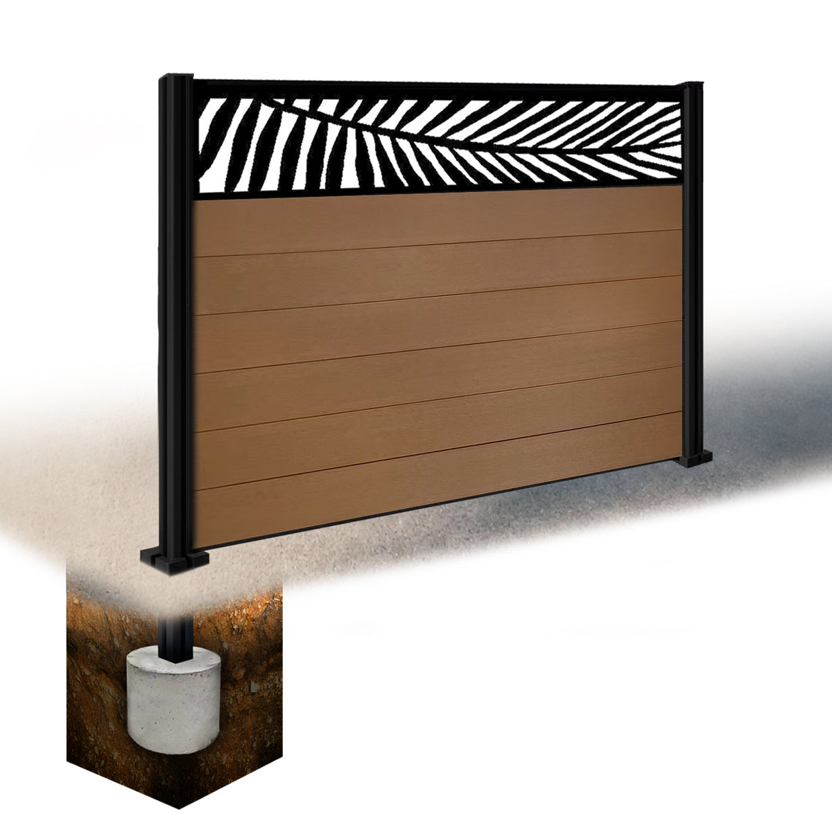 EasyComposite 4ft Composite Fence Panel & Aluminium Post Sunken in Ground - Golden Teak Boards & Palm Topper Trellis