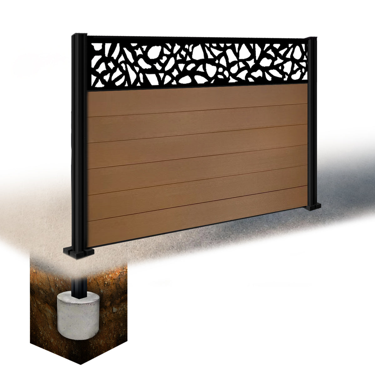 EasyComposite 4ft Composite Fence Panel & Aluminium Post Sunken in Ground - Golden Teak Boards & Pebble Topper Trellis