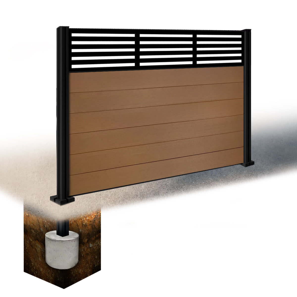 EasyComposite 4ft Composite Fence Panel & Aluminium Post Sunken in Ground - Golden Teak Boards & Slat Topper Trellis