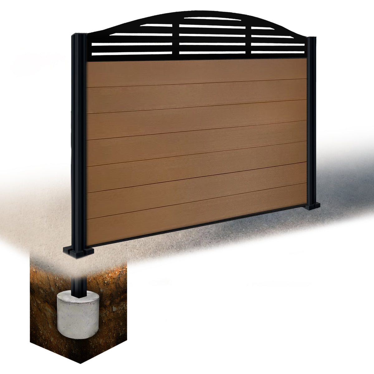 EasyComposite 4ft Composite Fence Panel & Aluminium Post Sunken in Ground - Golden Teak Boards & Slat Curved Topper Trellis