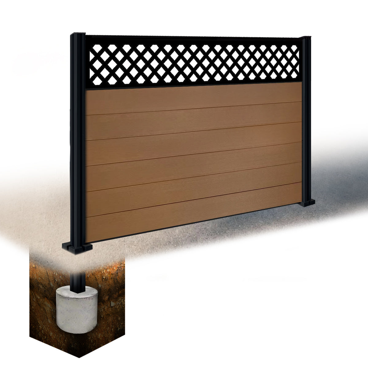 EasyComposite 4ft Composite Fence Panel & Aluminium Post Sunken in Ground - Golden Teak Boards & Wave Topper Trellis