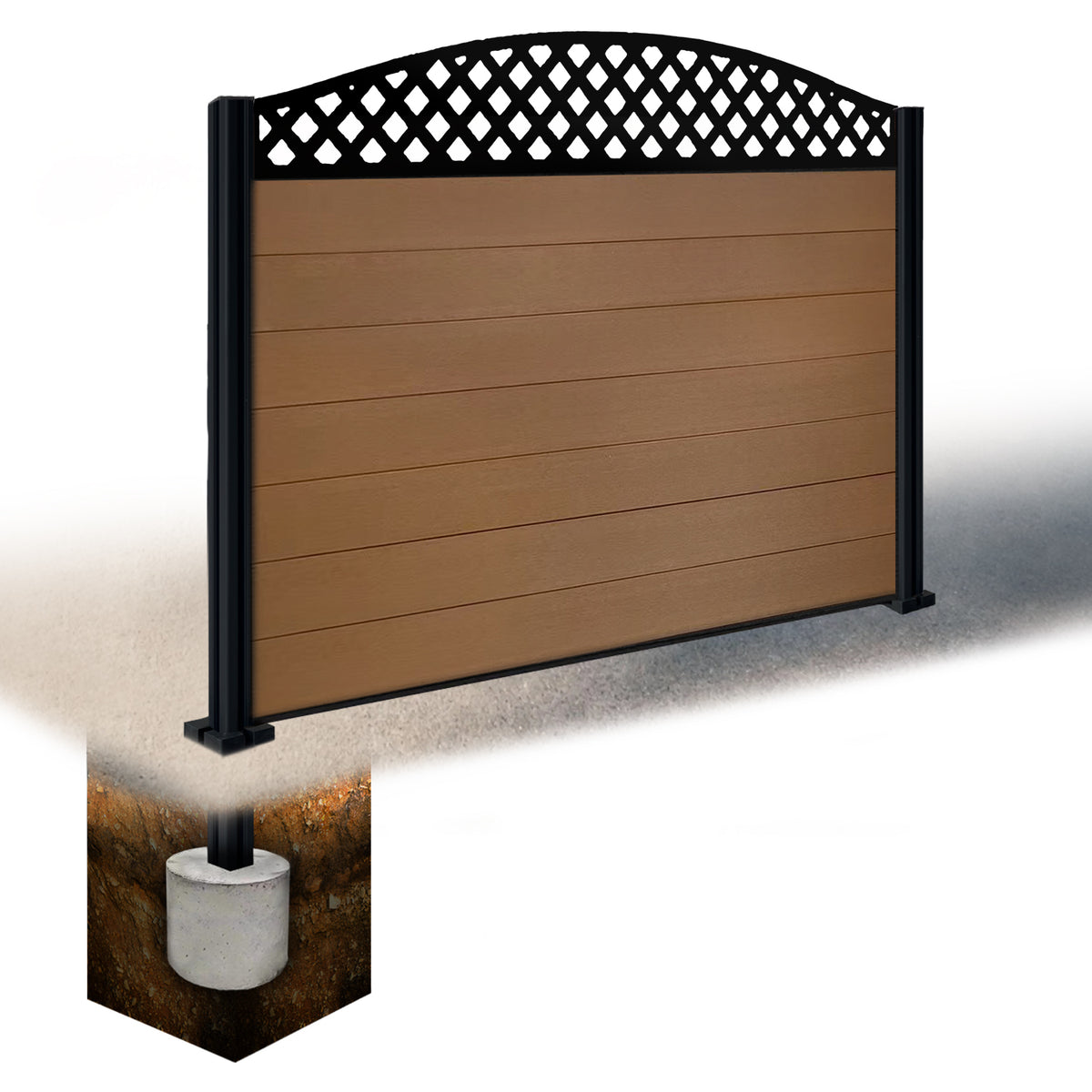 EasyComposite 4ft Composite Fence Panel & Aluminium Post Sunken in Ground - Golden Teak Boards & Wave curved Topper Trellis