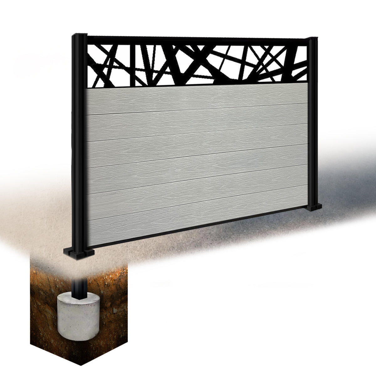 EasyComposite 4ft Composite Fence Panel & Aluminium Post Sunken in Ground - Light Grey Boards & Laser Topper Trellis