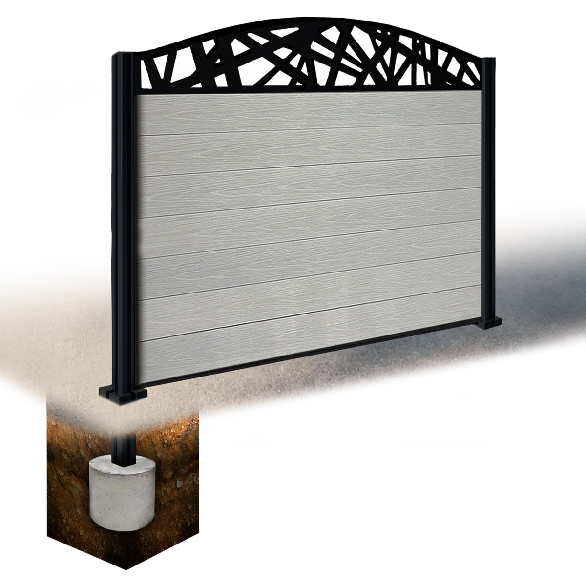 EasyComposite 4ft Composite Fence Panel & Aluminium Post Sunken in Ground - Light Grey Boards & Laser Curved Topper Trellis