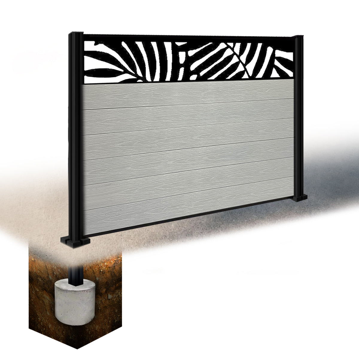 EasyComposite 6ft Composite Fence Panel & Aluminium Post Sunken in Ground - Light Grey Boards & Leafy Topper Trellis