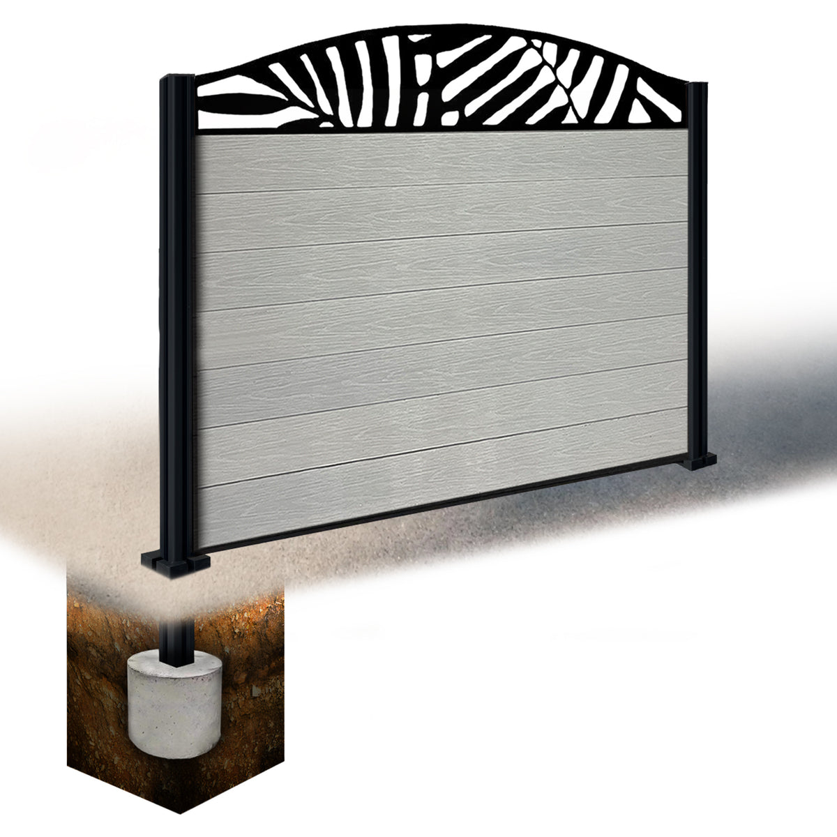 EasyComposite 4ft Composite Fence Panel & Aluminium Post Sunken in Ground - Light Grey Boards & Leafy Curved Topper Trellis