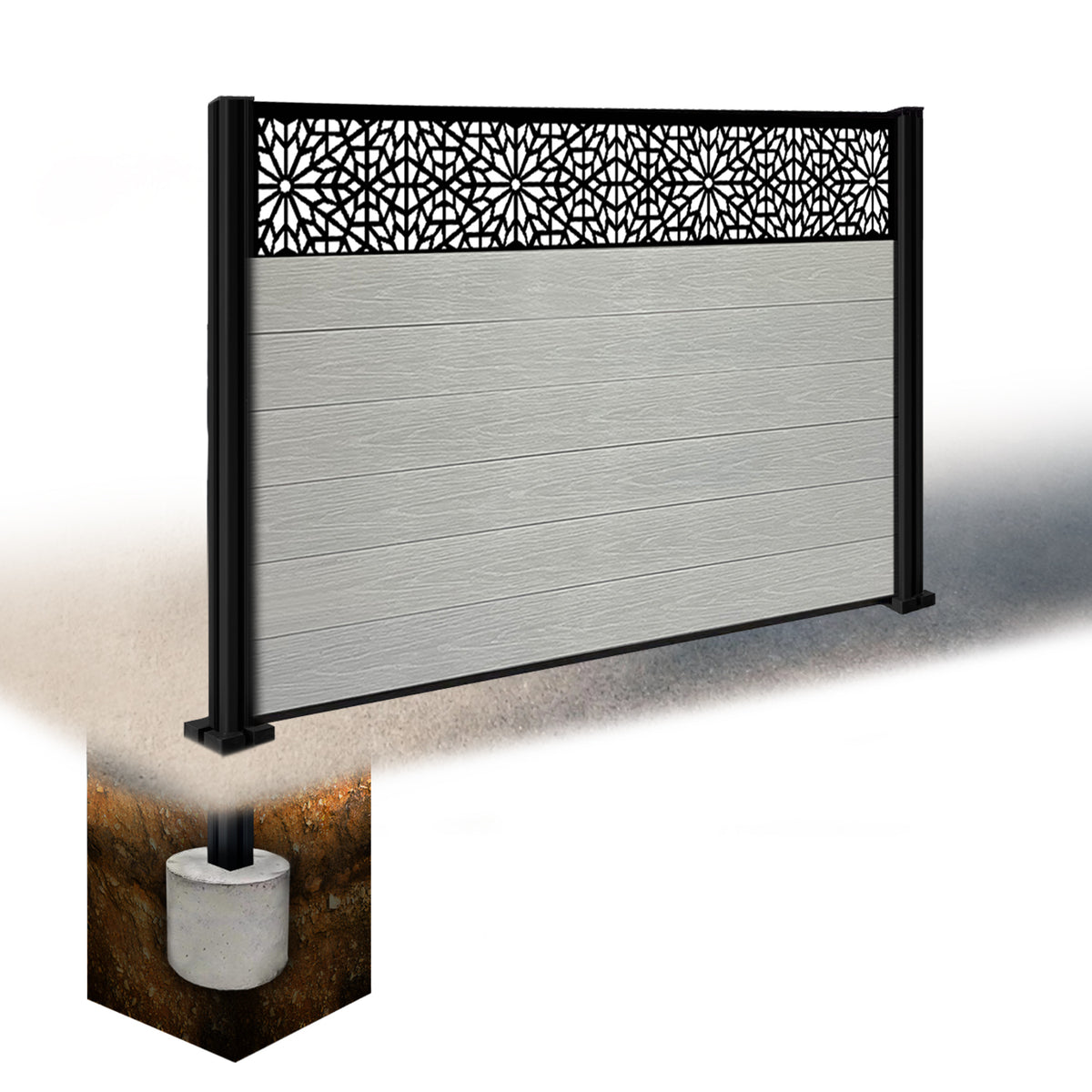 EasyComposite 5ft Composite Fence Panel & Aluminium Post Sunken in Ground - Light Grey Boards & Morocco Topper Trellis