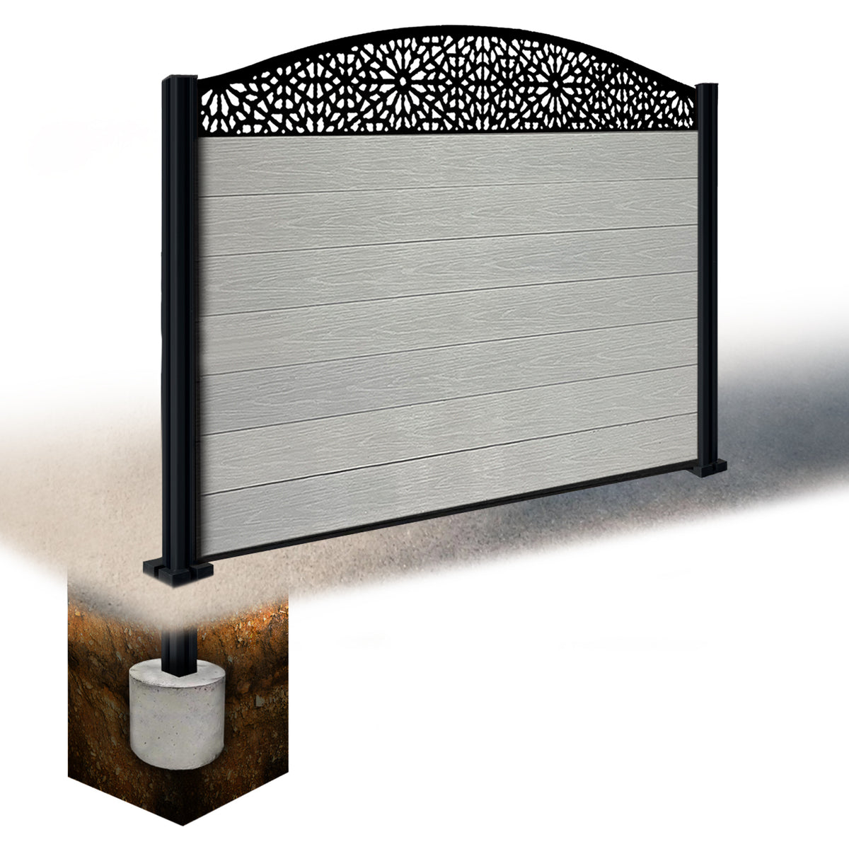 EasyComposite 4ft Composite Fence Panel & Aluminium Post Sunken in Ground - Light Grey Boards & Morocco Curved Topper Trellis