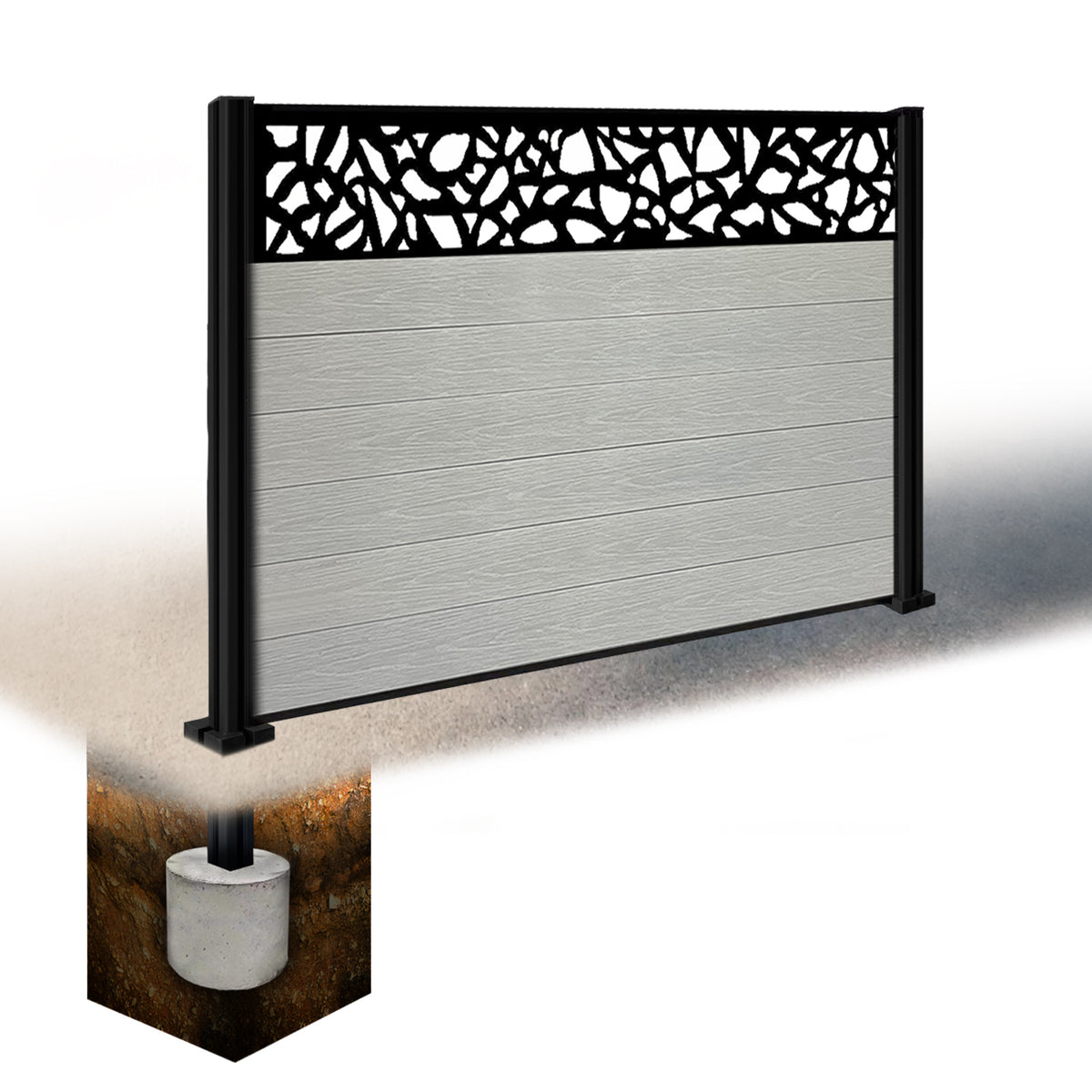 EasyComposite 4ft Composite Fence Panel & Aluminium Post Sunken in Ground - Light Grey Boards & Pebble Topper Trellis