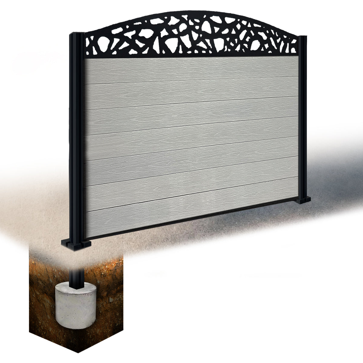 EasyComposite 4ft Composite Fence Panel & Aluminium Post Sunken in Ground - Light Grey Boards & Pebble Curved Topper Trellis