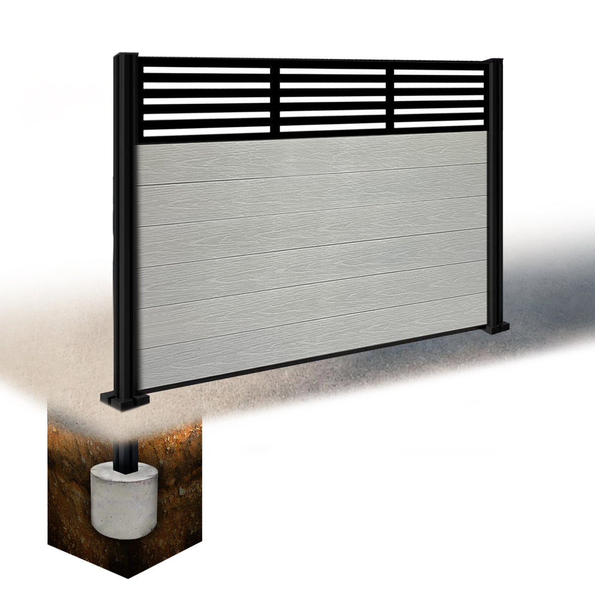 EasyComposite 4ft Composite Fence Panel & Aluminium Post Sunken in Ground - Light Grey Boards & Slat Topper Trellis