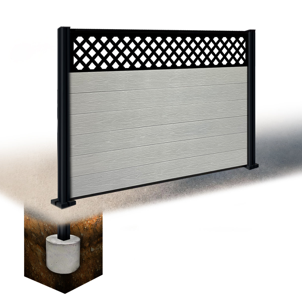 EasyComposite 4ft Composite Fence Panel & Aluminium Post Sunken in Ground - Light Grey Boards & Wave Topper Trellis