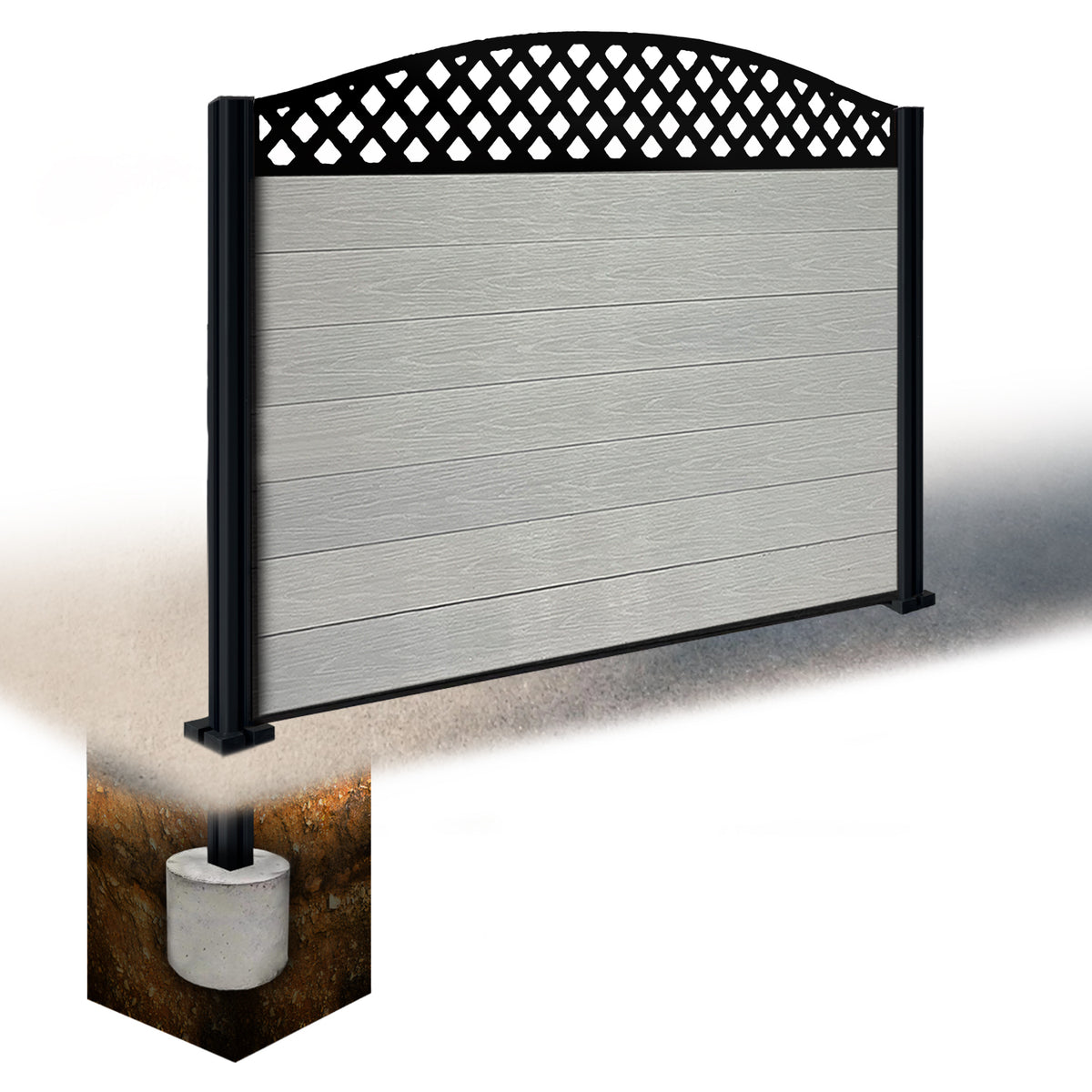 EasyComposite 4ft Composite Fence Panel & Aluminium Post Sunken in Ground - Light Grey Boards & Wave curved Topper Trellis