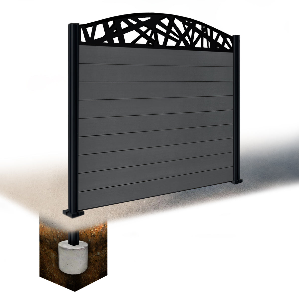 EasyComposite 5ft Composite Fence Panel & Aluminium Post Sunken in Ground - Dark Grey RAL7016 Boards & Laser Curved Topper Trellis